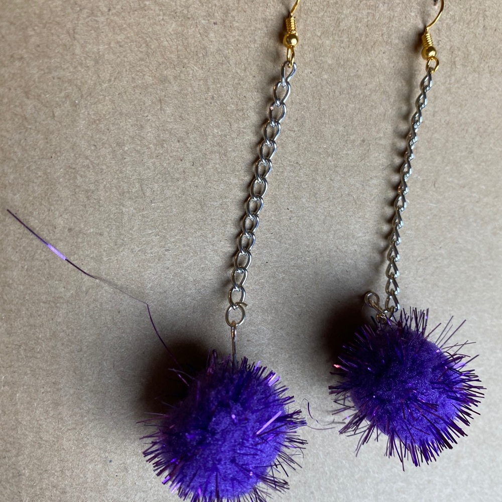 Purple chain Pom Pom earring dangles
